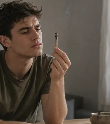 Man at a table in soft daylight examining the ash on the end of a burning joint.