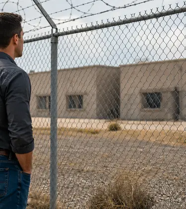 Man standing outside a razor wire perimeter fence looking toward a low concrete building.