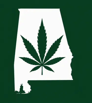 White silhouette of Alabama on a dark green background, with a dark green cannabis leaf centered inside the state outline.