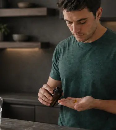 Young man at a kitchen counter tipping two golden gel capsules from an amber prescription bottle into his palm.
