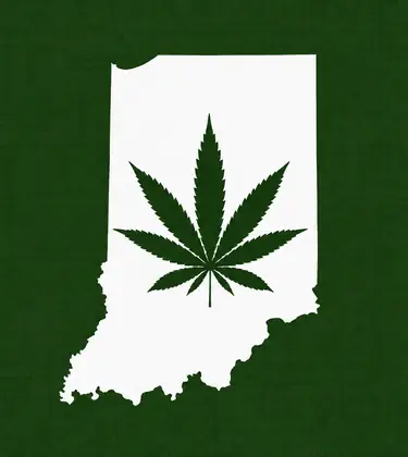 White silhouette of Indiana on a dark green background, with a dark green cannabis leaf centered inside the state outline.