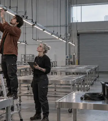 A young grower on a step ladder fitting a horticultural LED bar into an overhead rail in an empty cultivation room while a colleague below checks a tablet