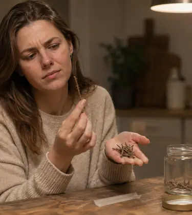Young woman at a kitchen table holding up a thin dry stem from a nearly empty jar, looking doubtful.