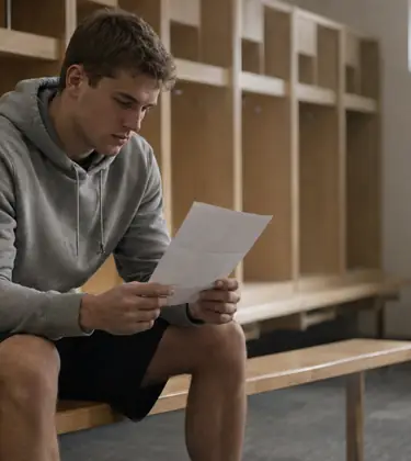 Young athlete sitting alone on a bench in an empty locker room reading a printed policy sheet