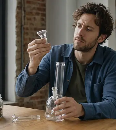Young man at a kitchen table comparing a small glass bowl against a clear glass water pipe, a spare downstem and a jar of flower beside him