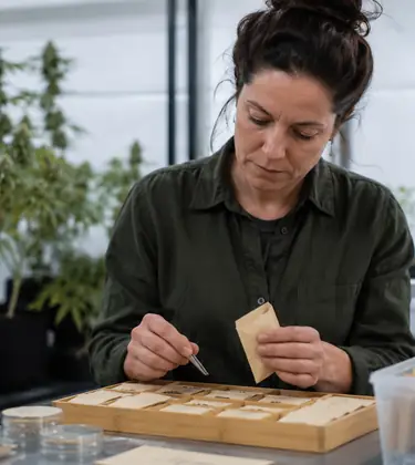 A cannabis preservationist carefully sorting seeds in a clean cultivation lab, with young cannabis plants growing in the background.