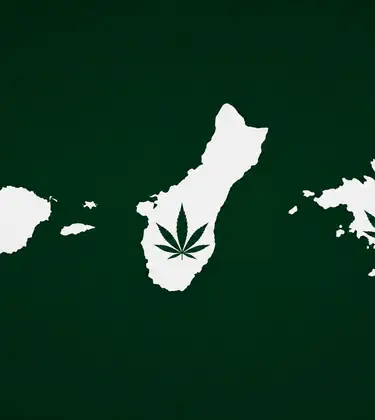 Cannabis leaves inside white silhouettes of Puerto Rico, Guam and the US Virgin Islands on a dark green background.