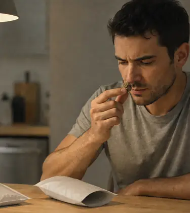 Man at a kitchen table smelling a small cannabis bud, with two blank unmarked pouches in front of him/