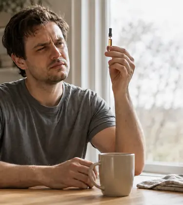 Man at a kitchen table holding up a vape cartridge and examining it with a skeptical frown.