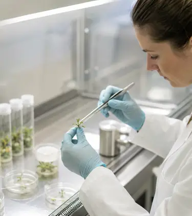 Lab technician carefully handling cannabis plantlets in a sterile tissue culture workspace with propagation tubes on the bench.