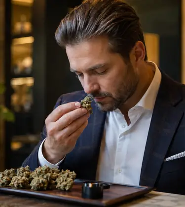 Cannabis expert in a blazer smelling a cannabis flower on a tray in an upscale tasting room.