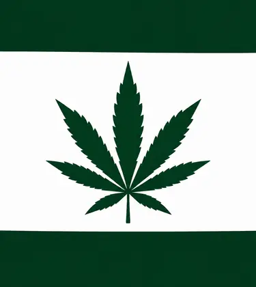 White silhouette of Kansas on a dark green background, with a dark green cannabis leaf centered inside the state outline.