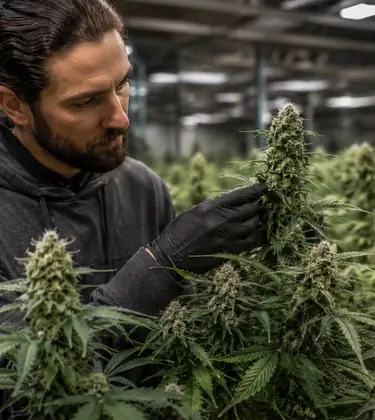 Cannabis breeder wearing gloves inspects a flowering plant in a professional indoor grow facility.