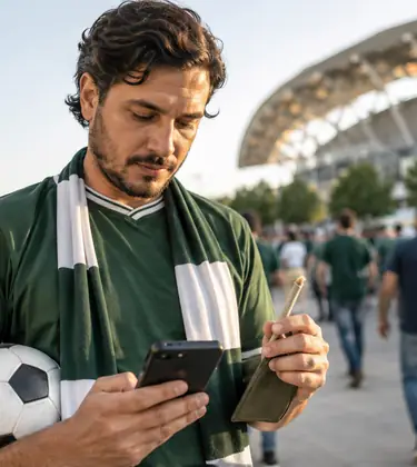 Soccer fan checking cannabis rules on a phone outside a stadium before a World Cup match.