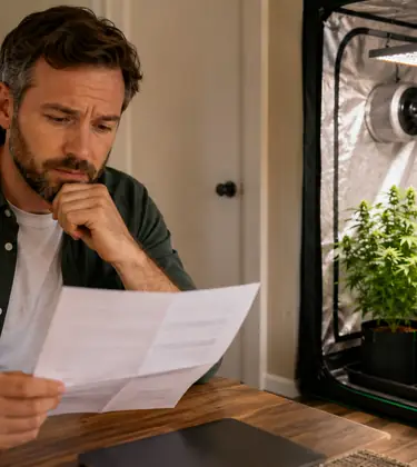 A concerned man reviews an electricity bill beside a small indoor cannabis grow tent with LED lighting.
