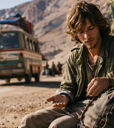 Young 1970s backpacker sitting beside a dusty mountain road with a worn travel bag, holding seeds in his hand as an old bus waits in the background.