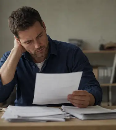 Man at an office desk studying a thick stack of license application paperwork with site plans on the floor beside him