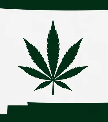 White silhouette of New Mexico on a dark green background, with a dark green cannabis leaf centered inside the state outline.