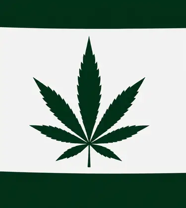 White silhouette of North Dakota on a dark green background, with a dark green cannabis leaf centered inside the state outline.