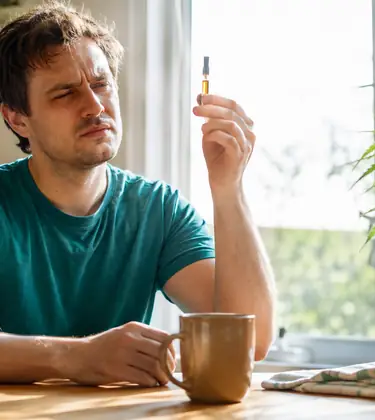 Man holding a vape cartridge up to window light to inspect it, a cannabis plant on the table beside him.