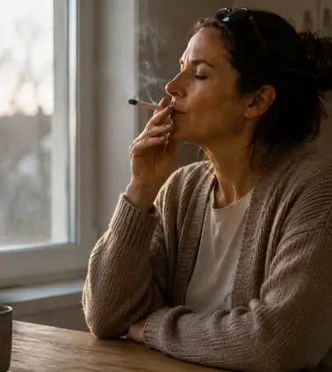 Woman in a beige cardigan sitting at a kitchen table by a window at dusk, smoking a joint with her eyes closed.