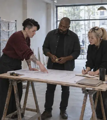 Three people around a floor plan on a trestle table in an empty retail unit being fitted out, with wrapped shelving, a stepladder and a shopfront window behind them