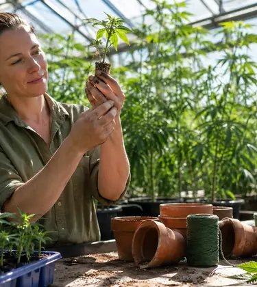 Woman in a greenhouse holding up a rooted cannabis cutting and examining it in the sunlight.