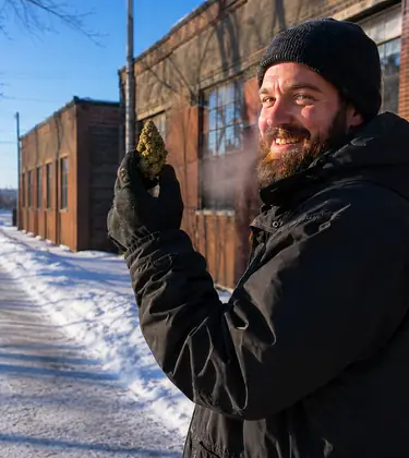 Bearded man in a winter coat and knit hat standing on a snowy sidewalk in bright winter sunlight, holding up a cannabis bud in a gloved hand.