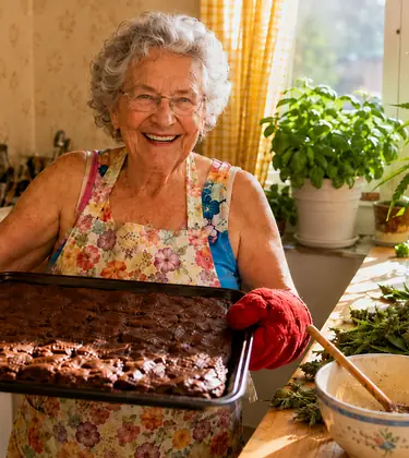 Older woman in a floral apron taking a tray of brownies out of the oven, with fresh cannabis on the kitchen counter beside her.
