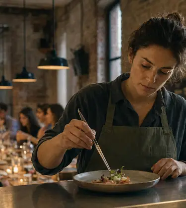 Young chef plating a course at a steel pass in a warehouse kitchen with a communal table of guests behind her
