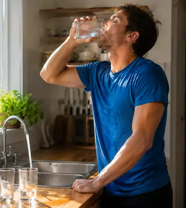 Man standing at a kitchen sink at night holding a large glass of water with the tap running.