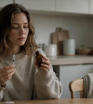 Young woman at a kitchen table in soft morning light holding a small amber bottle of oil and an oral syringe.
