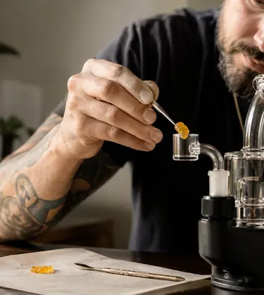 Adult man preparing a golden cannabis concentrate dab with a glass rig on a table, with rosin on parchment paper in warm natural light.