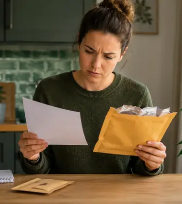 Concerned woman reading a customs notice beside an opened padded envelope, with cannabis seeds on the table and a plant in the background.