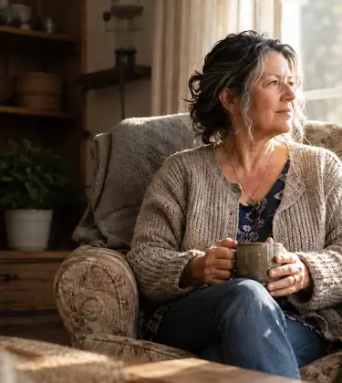 Woman in a knitted cardigan sitting in an armchair by a sunny window with a mug in her hands and a walking stick beside her.