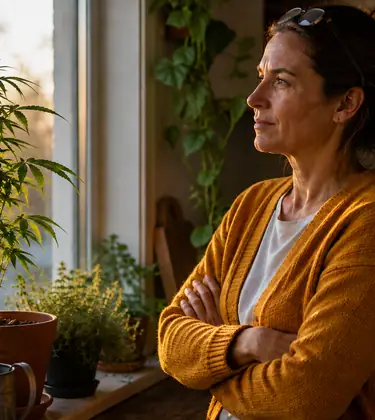 Woman standing at a kitchen window in evening light beside a cannabis plant growing on the windowsill.