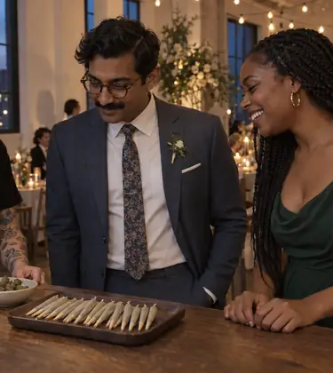 A budtender sets out flower and pre-rolls at a bud bar during a cannabis wedding reception as a groomsman leans in and a bridesmaid laughs