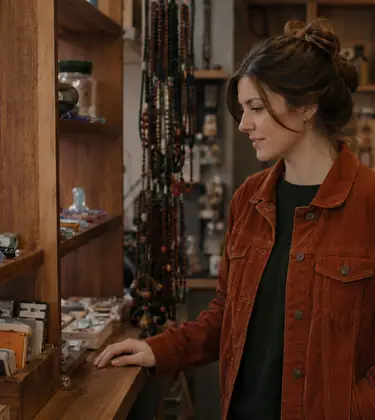 Young woman in a burnt orange jacket browsing a wooden shelf of glass pipes and rolling papers in a small independent shop