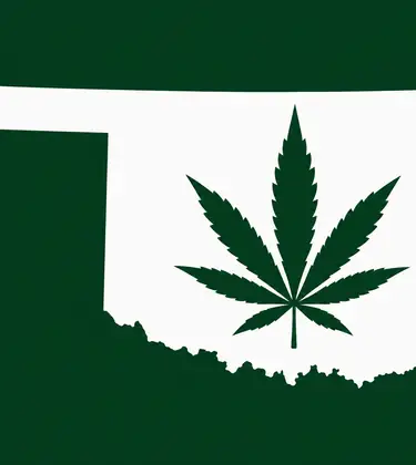 White silhouette of Oklahoma on a dark green background, with a dark green cannabis leaf centered inside the state outline.