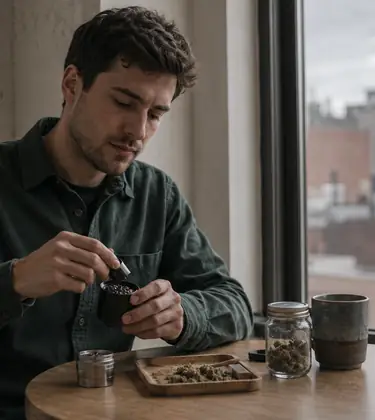 Young man at a window table twisting open a matte black four-piece metal grinder with a rolling tray and jar of flower beside him