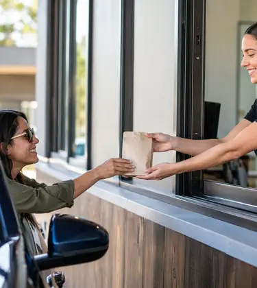 Woman receives a discreet cannabis order through a modern dispensary drive-thru window.