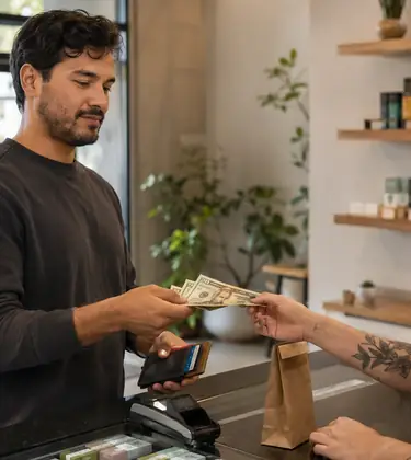 Customer paying cash at a modern cannabis dispensary checkout with an ATM visible in the background.