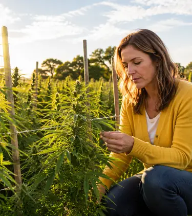 Woman kneeling in a field of tall cannabis plants in late afternoon sunlight, cupping a leaf.