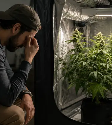 Concerned man sitting beside a home cannabis grow tent with mature plants, lighting, ventilation and irrigation equipment.