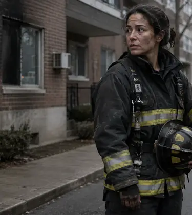 Firefighter standing on a residential street looking back at a scorched ground-floor apartment window