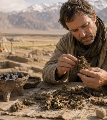 Archaeologist examining dried cannabis beside ancient pottery and a ritual brazier at a desert excavation site.
