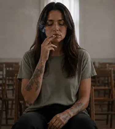 Young woman sitting alone among empty wooden chairs in a plain sunlit hall, eyes closed, holding an unlit joint in her folded hands.