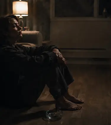 Woman sitting on the floor of a dim apartment at night beside an ashtray with a joint, staring into the middle distance.