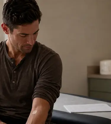 Young man sitting in a clinic room with a small bandage in his elbow after a blood test