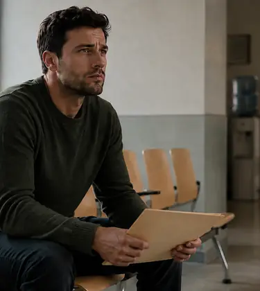 Man sitting alone in a clinic waiting area holding a closed folder of papers, looking ahead with a worried expression.